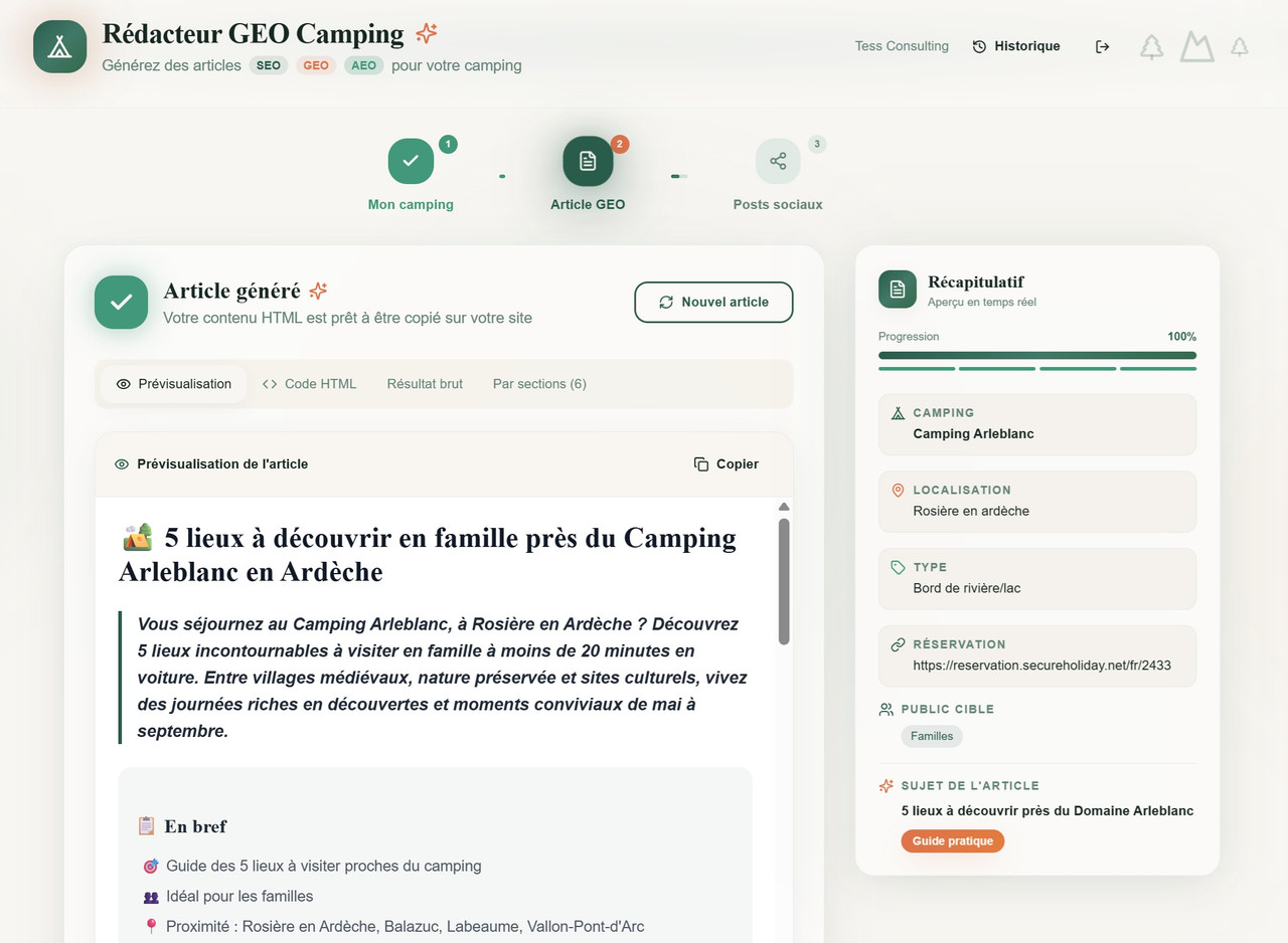 Interface Rédacteur GEO Tess Consulting