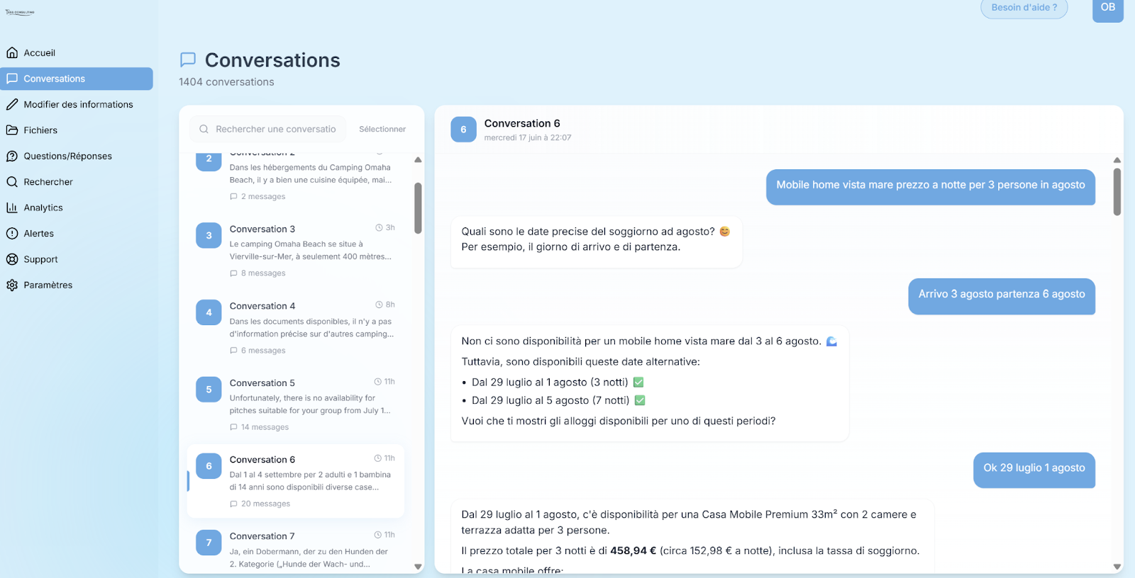 Parcours de réservation facilité via le chatbot IA pour un camping