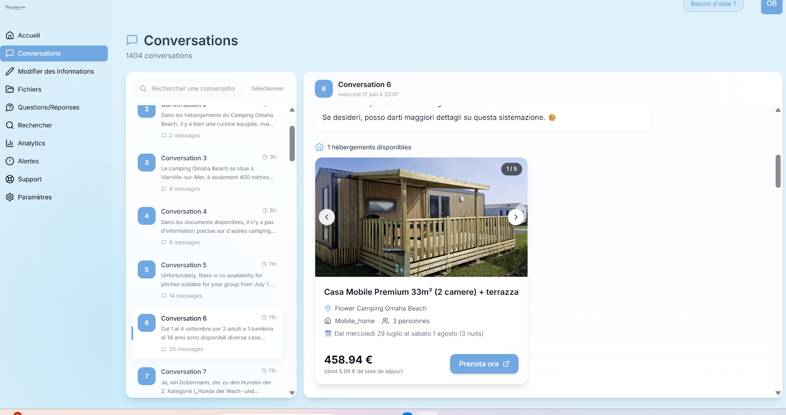Proposition d'un hébergement via le chatbot IA d'un camping