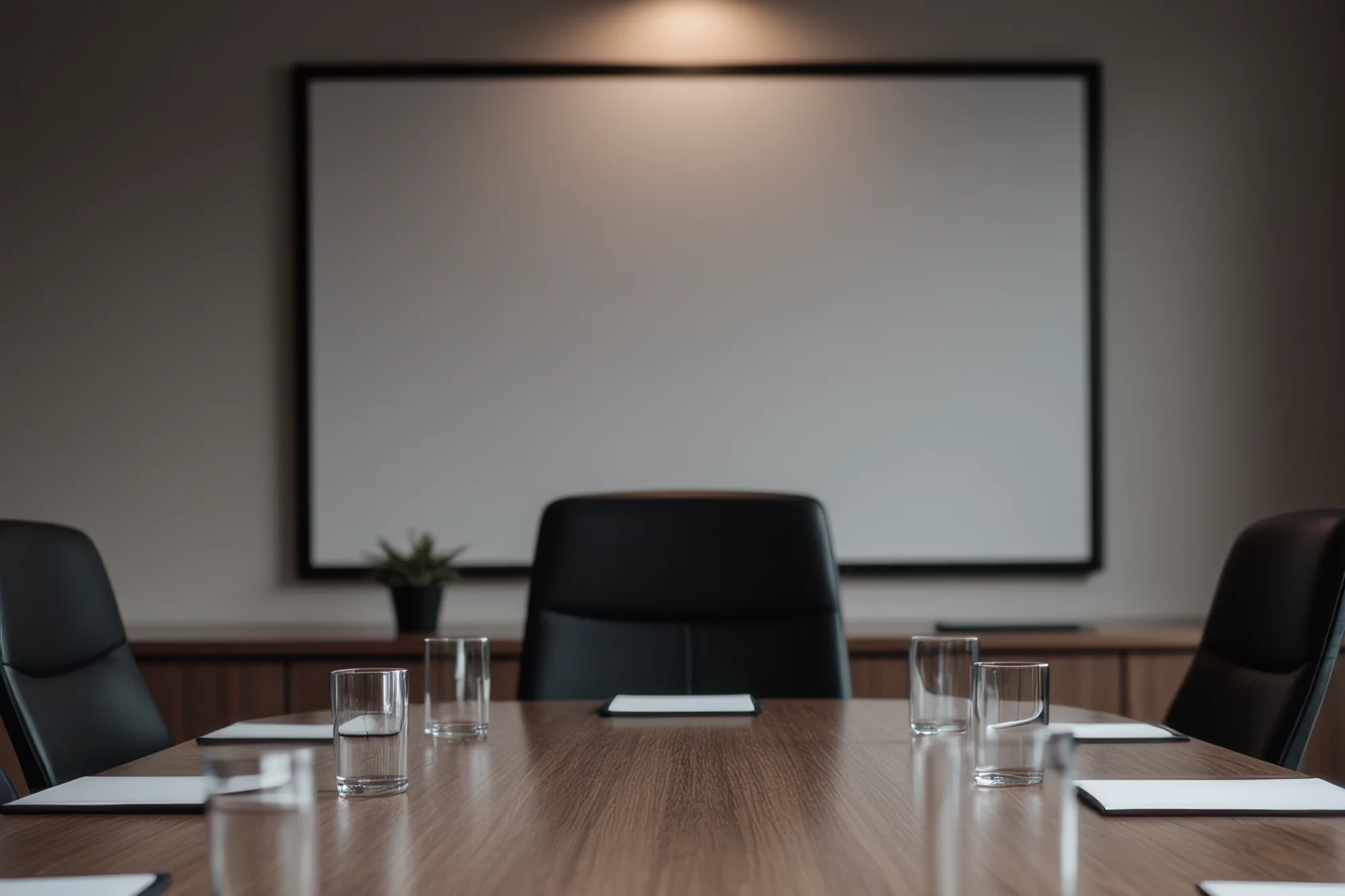 Leerer Besprechungsraum mit Konferenztisch, Wassergläsern und Whiteboard