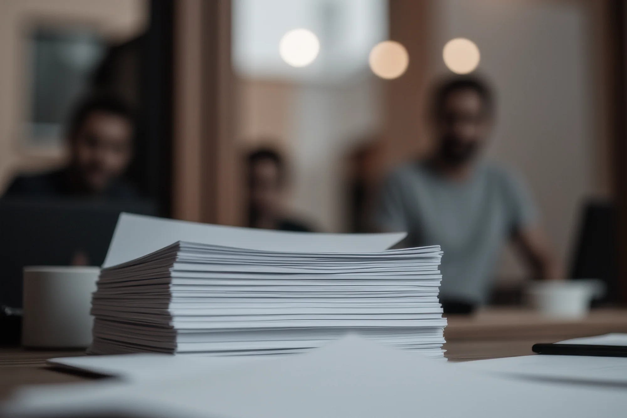 Papierstapel auf einem Tisch, dahinter Menschen im Gespräch