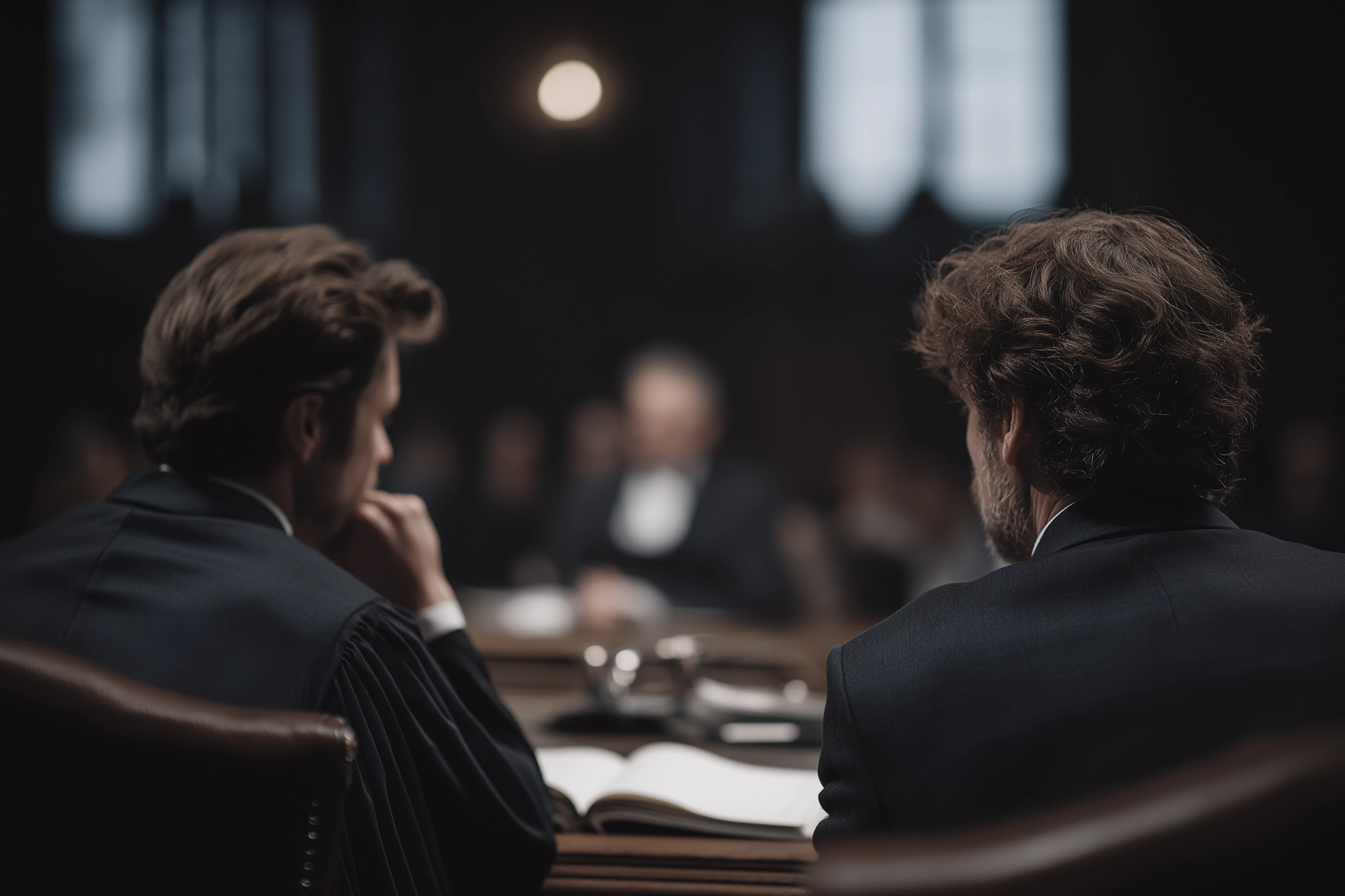 Anwalt in Robe und ein Mann von hinten an einem Tisch im Gerichtssaal