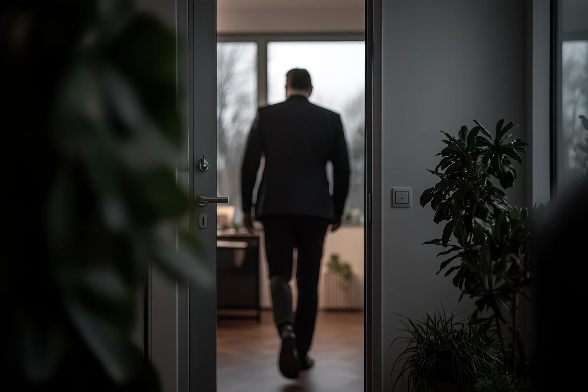 Mann im Anzug verlässt einen Raum durch eine offene Tür