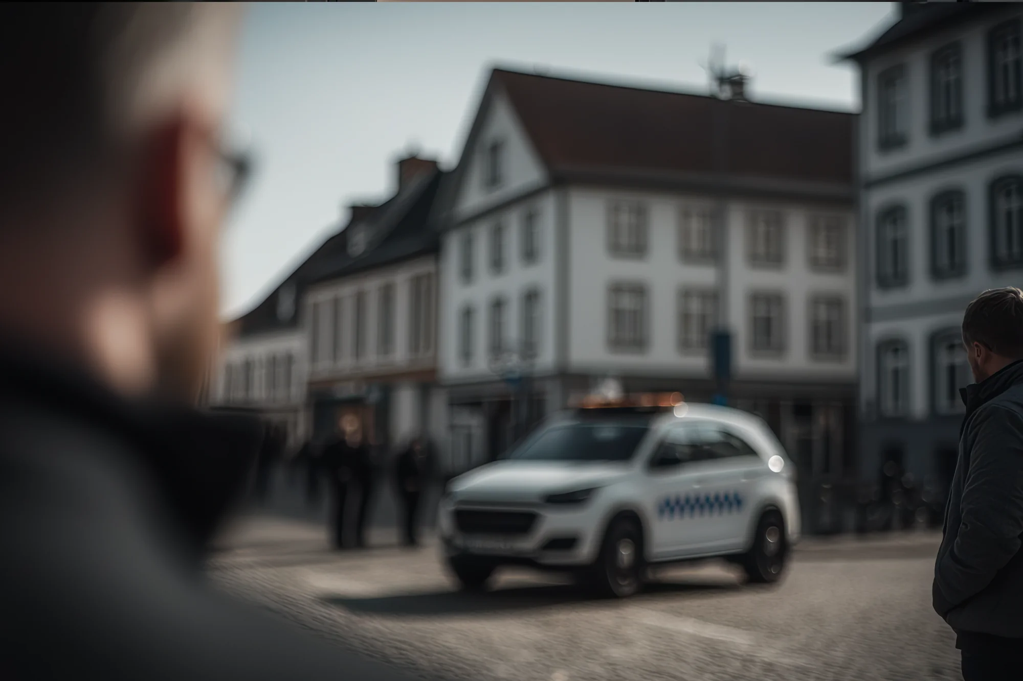 Polizeifahrzeug vor einer Häuserzeile, ein Mann mit Brille im Vordergrund