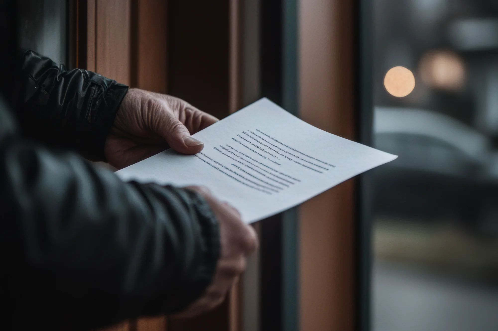 Hand hält ein beschriebenes Blatt Papier vor einem Fenster