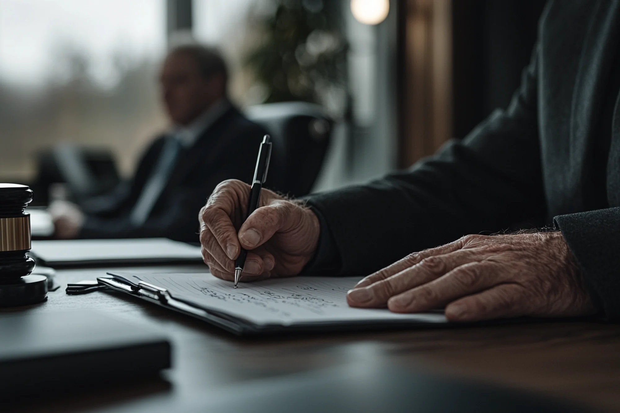 Hand unterschreibt ein Dokument am Schreibtisch, ein Gesprächspartner im Hintergrund