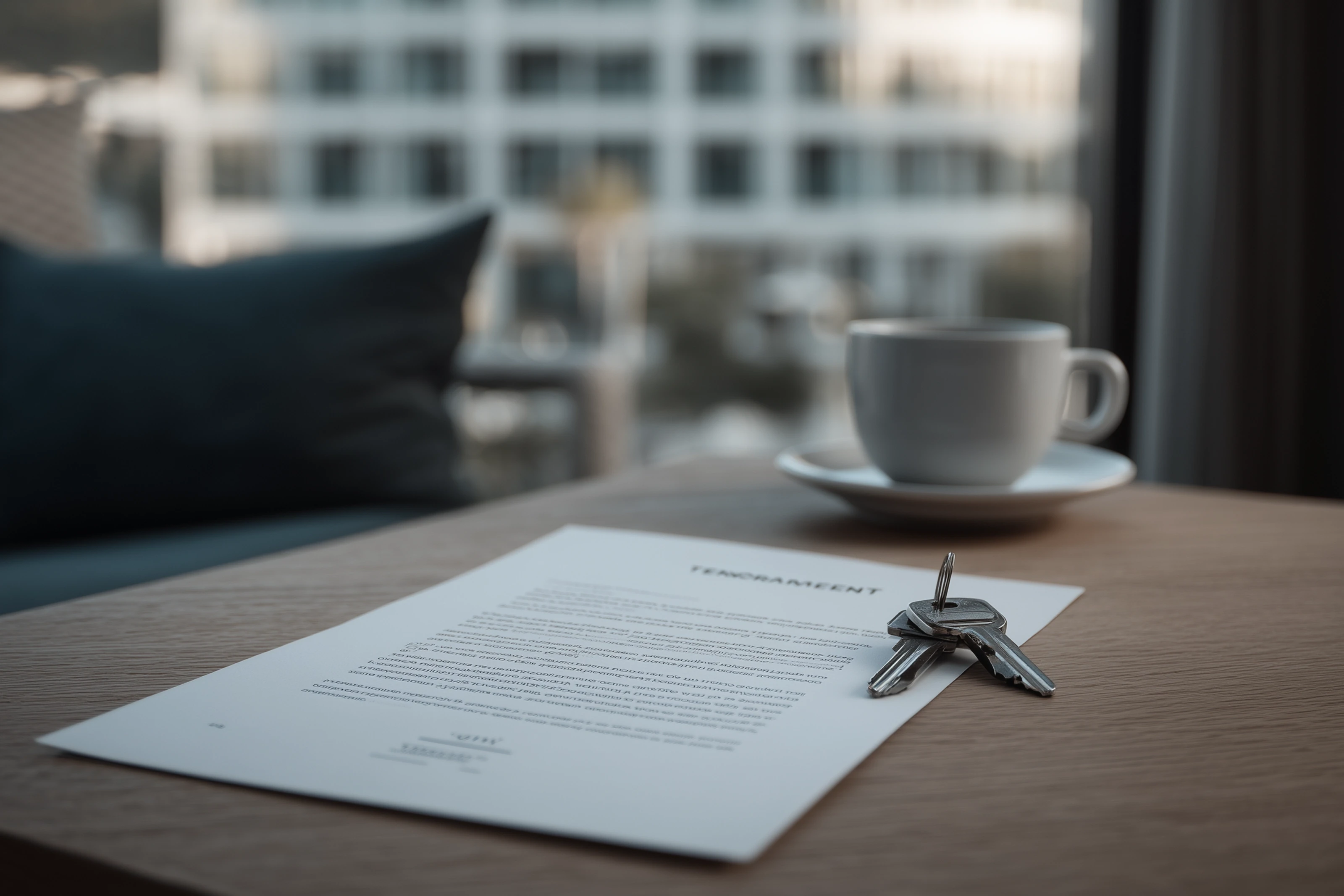 Vertrag, Schlüssel und Kaffeetasse auf einem Tisch am Fenster