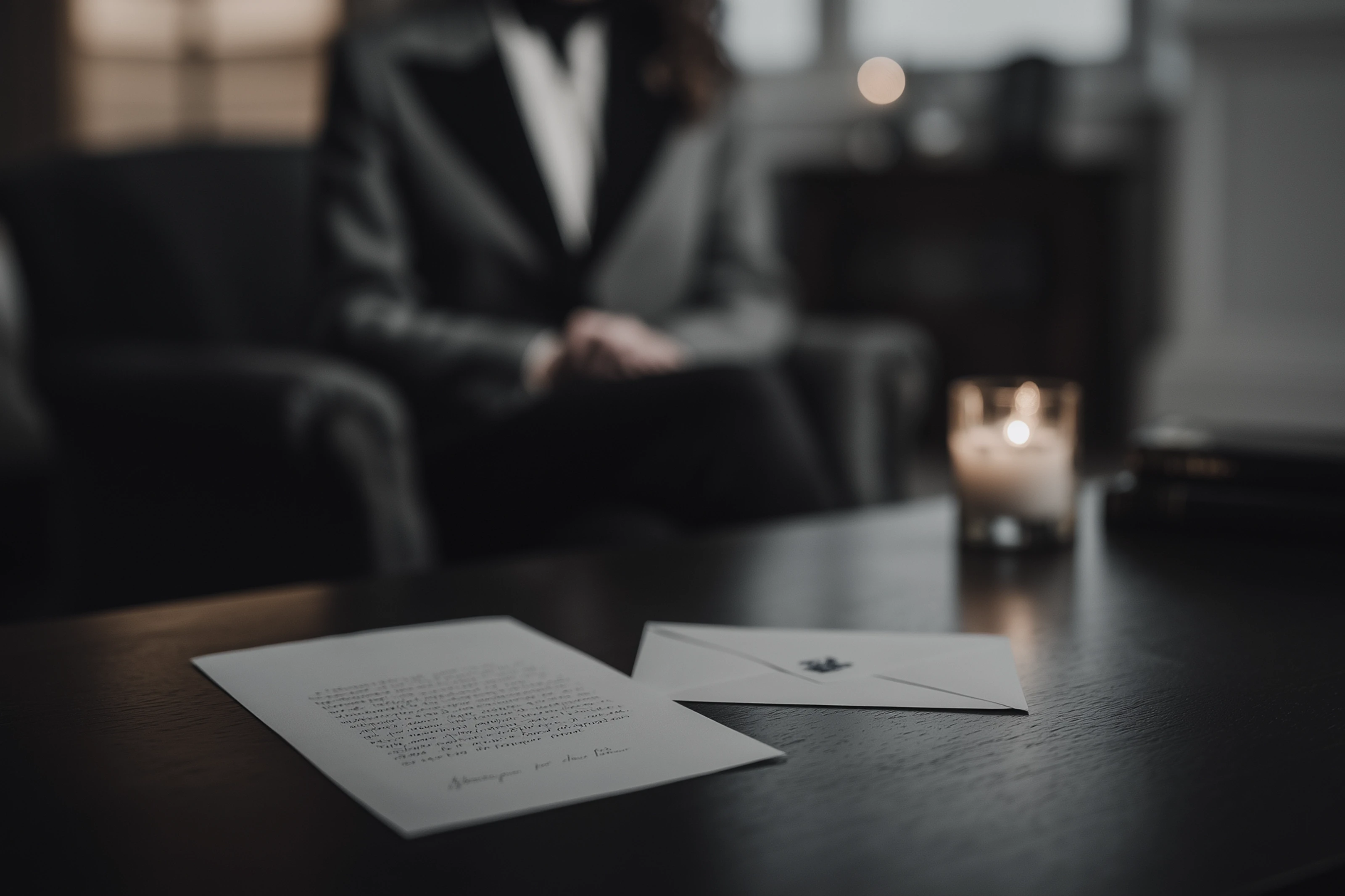 Brief und Umschlag auf einem Tisch, dahinter eine Person im Anzug und eine Kerze