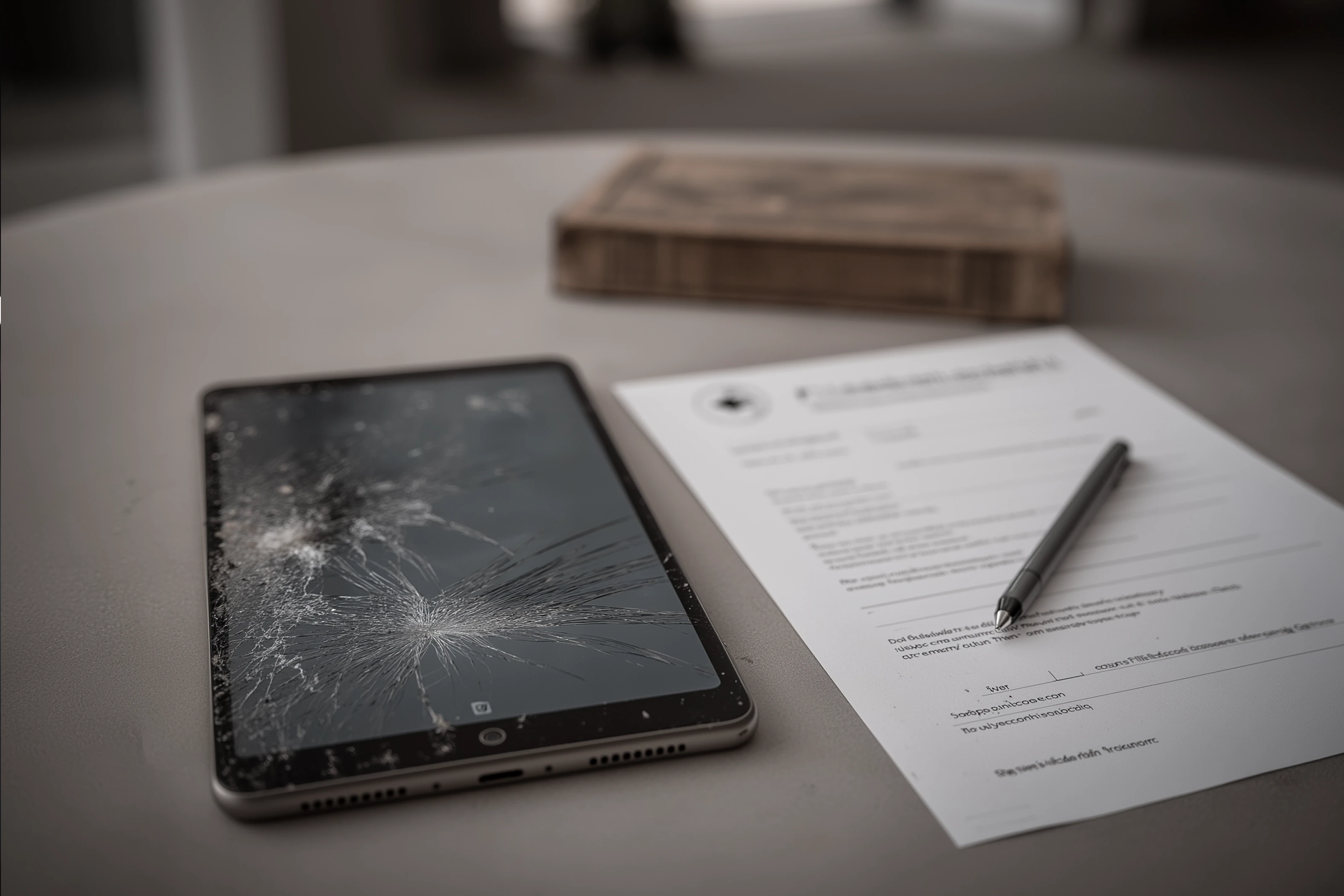 Smartphone mit gesprungenem Display neben einem Formular und einem Stift