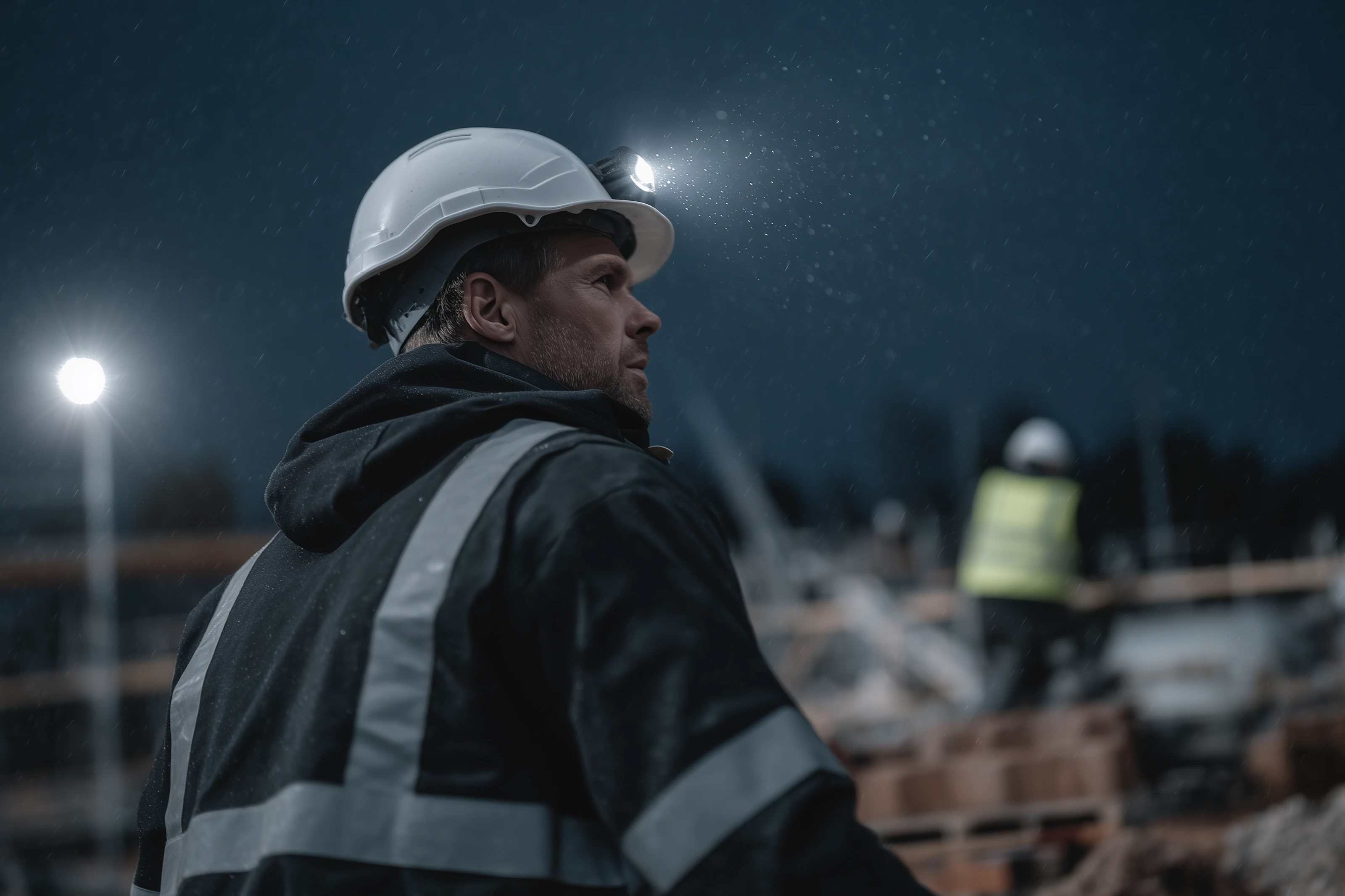 Bauarbeiter mit Helm und Warnjacke nachts auf einer Baustelle