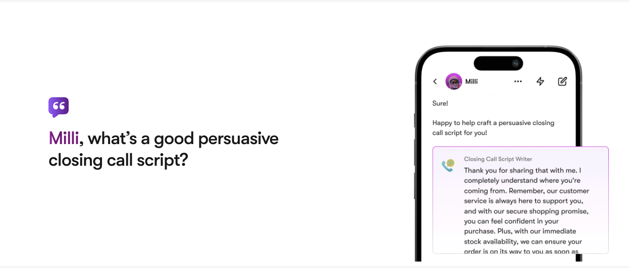 Milli by Sintra AI suggesting a sales script