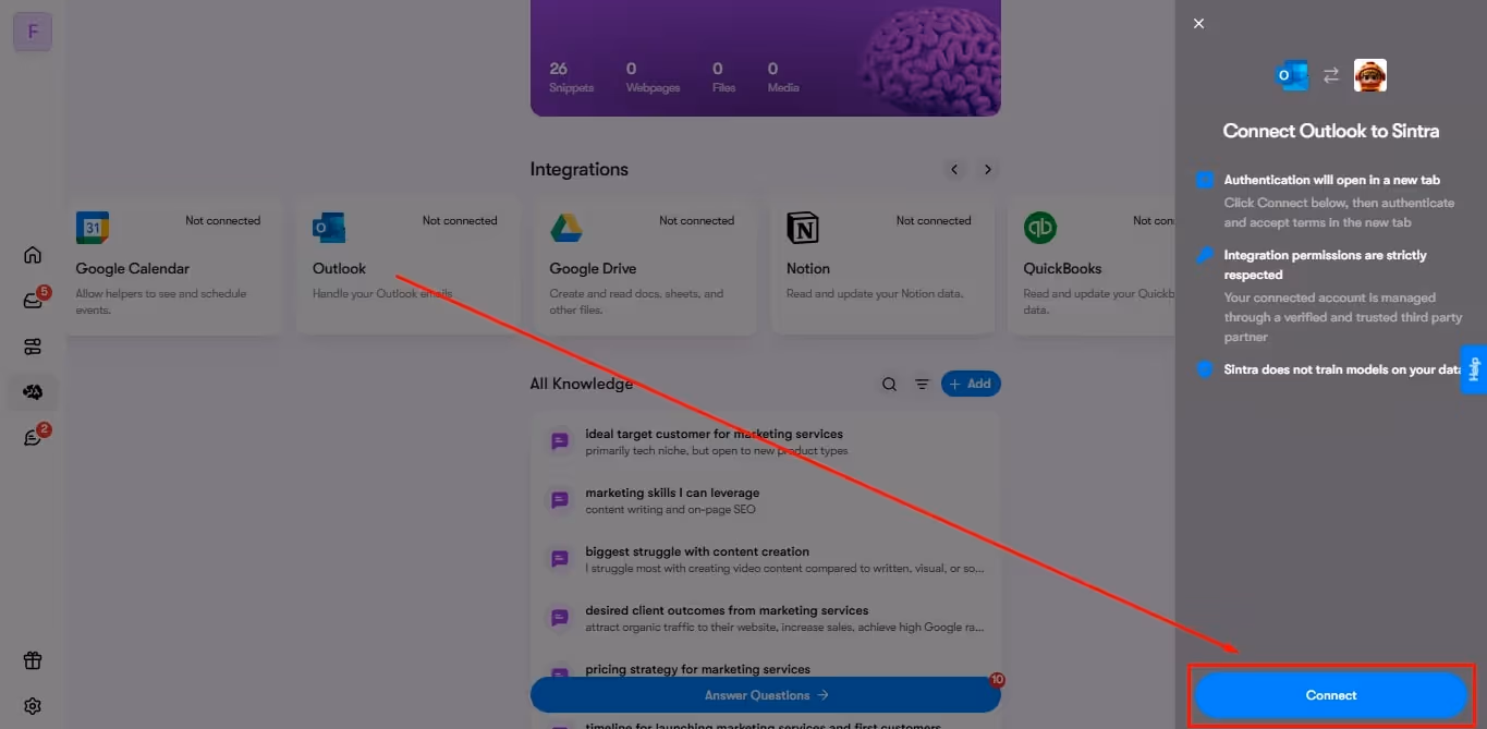 connect outlook profile with sintra