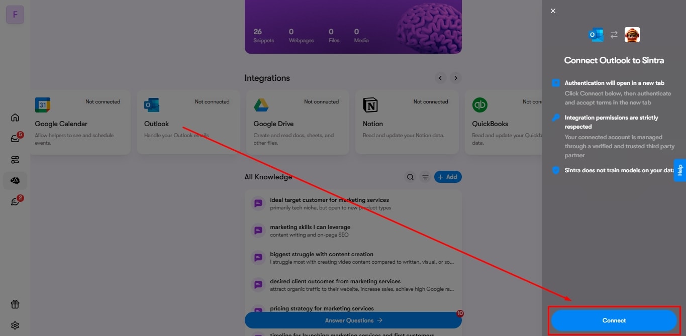 connect outlook profile with sintra