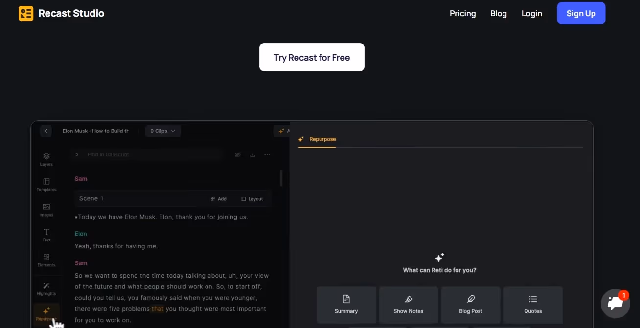 recast ai interface showing an audio repurpose for ai summaries transcriptions and notes