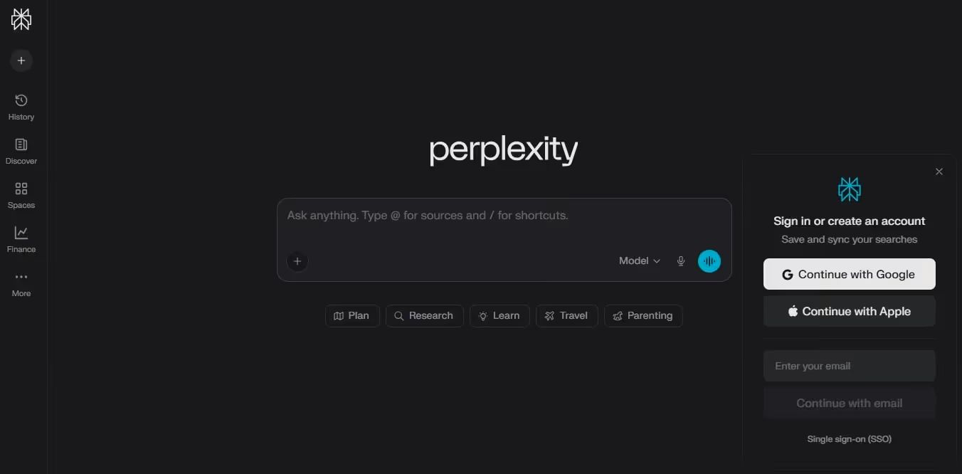 perplexity ai web search interface with log in buttons and chat interface to answer queries