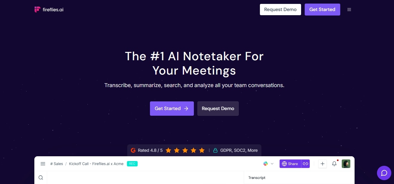 fireflies ai homepage showing a chat interface and getting started button