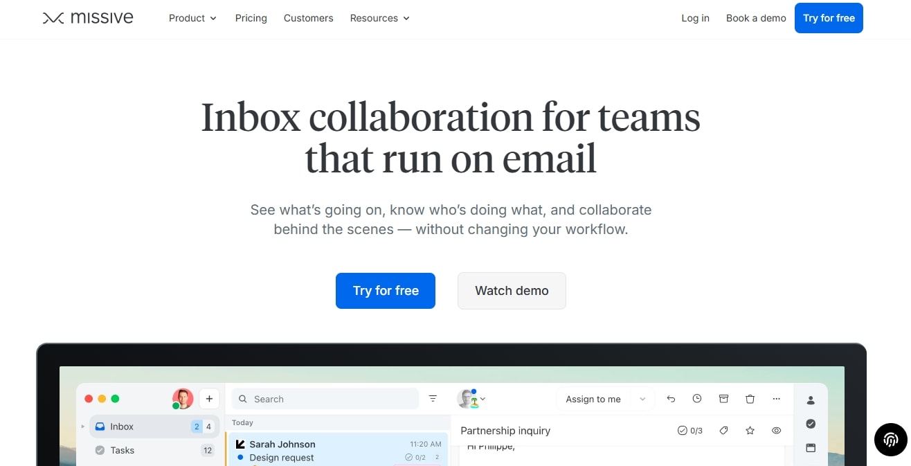missive landing page describing inbox collaboration for email and navigation menu
