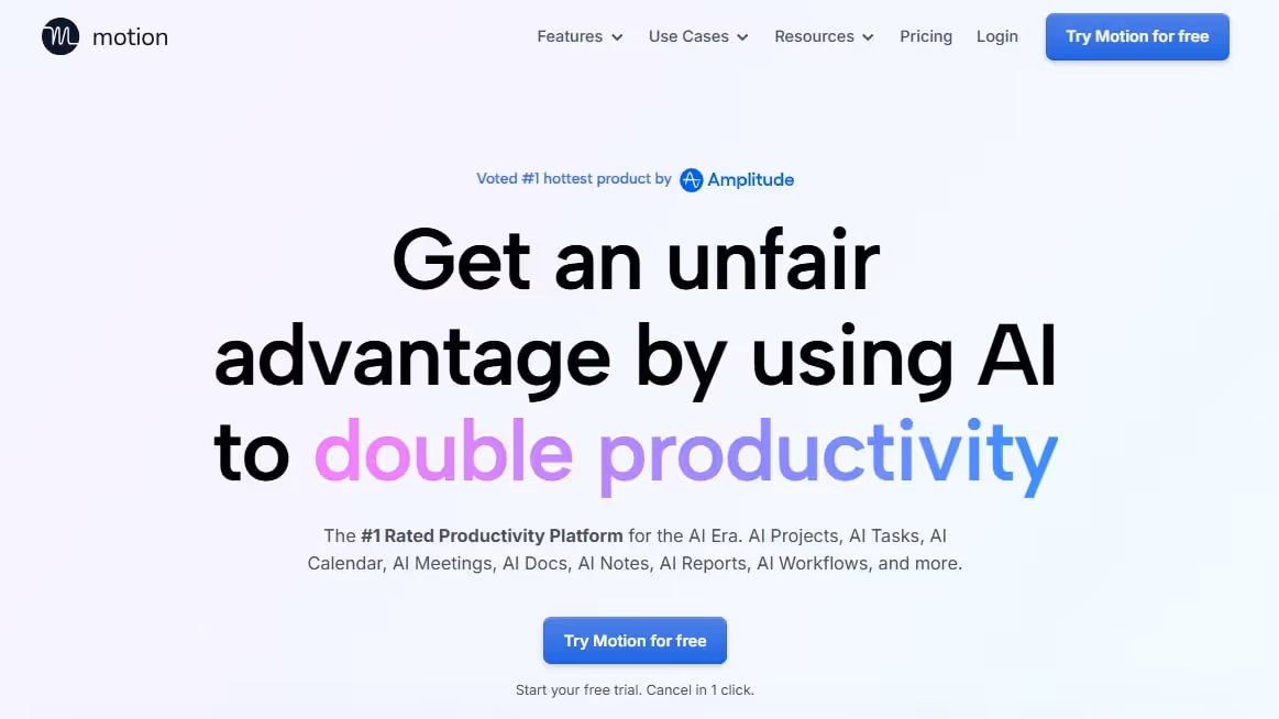 motion ai homepage featuring automated scheduling and task management
