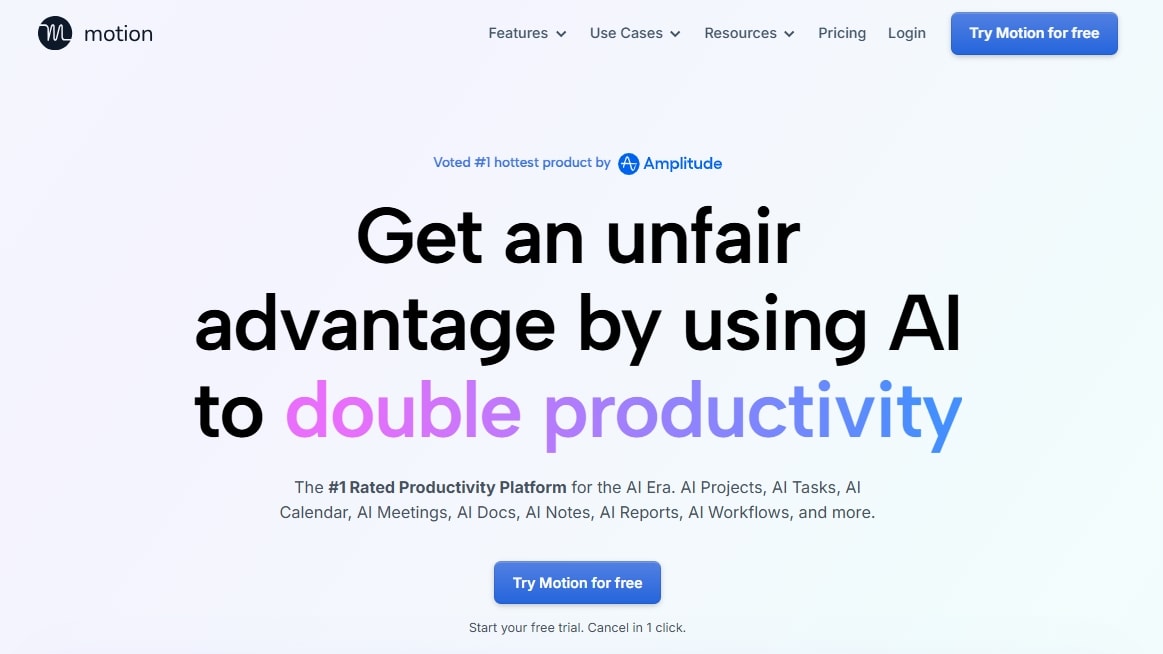 motion ai homepage featuring automated scheduling and task management