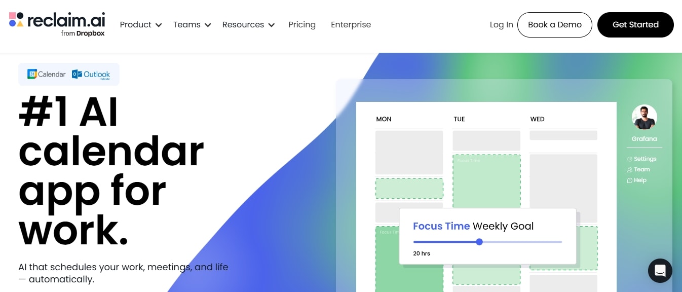 reclaim ai homepage highlight work calendar management navigation menu and call to action button