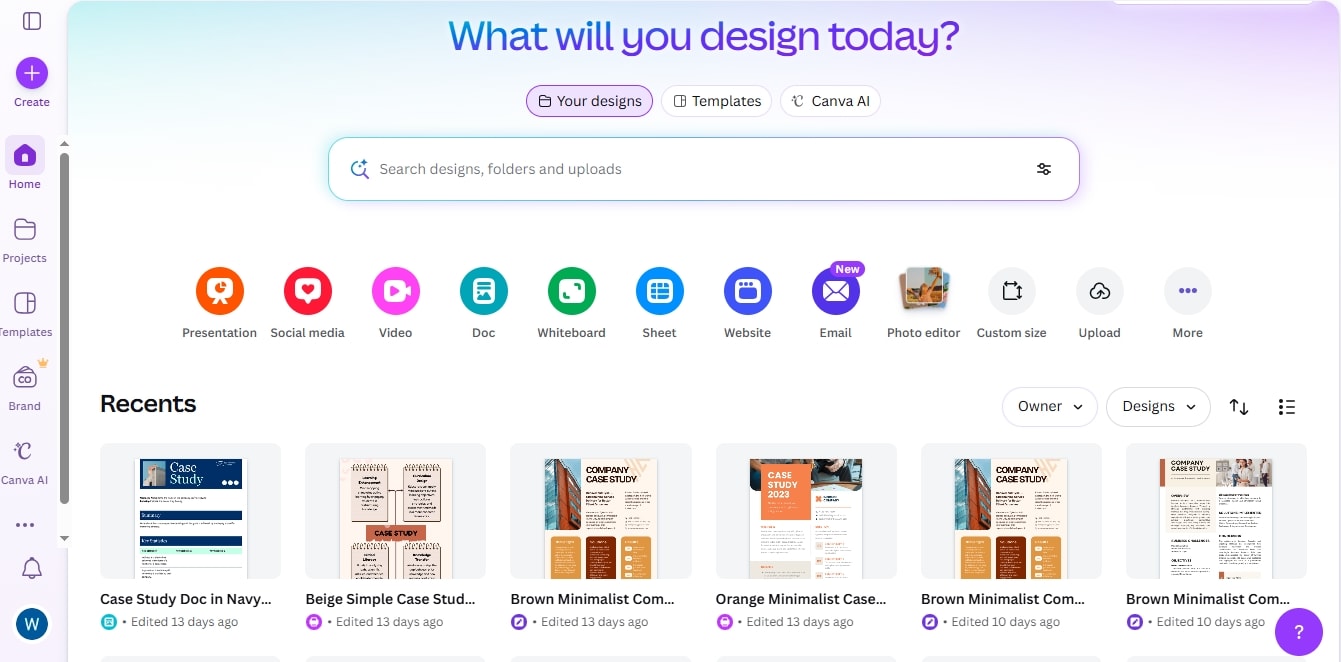 canva ai homepage showing design features with templates and projects
