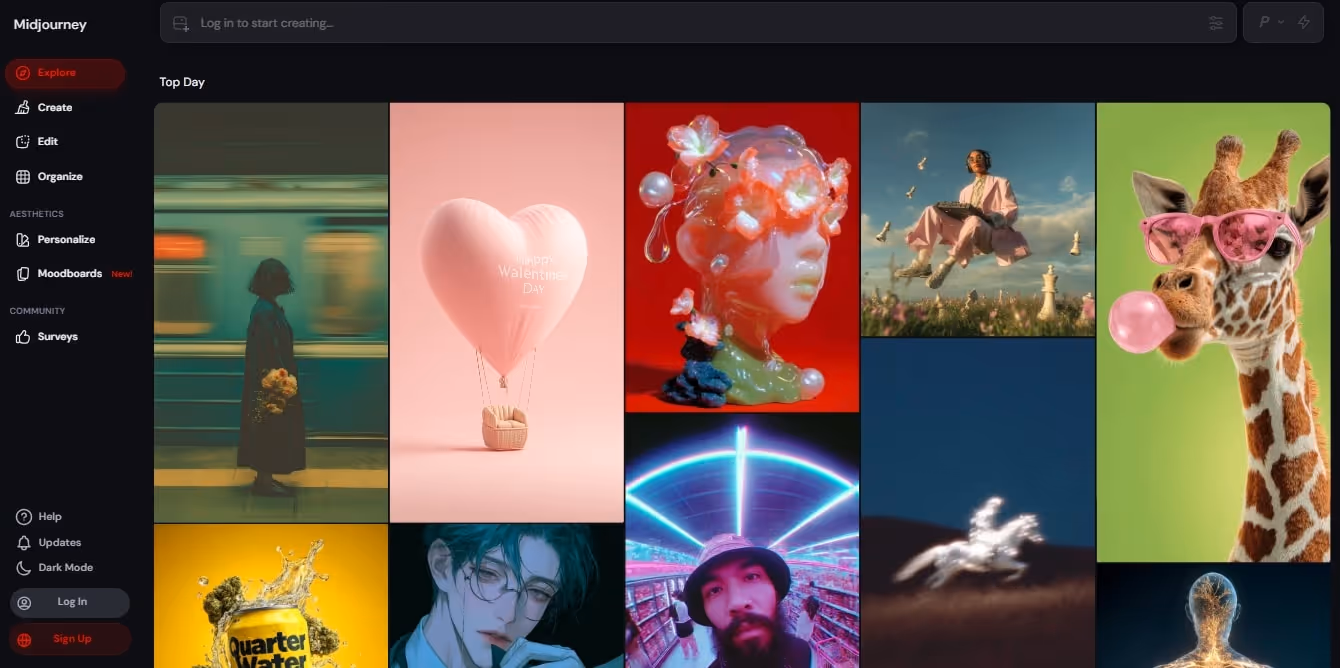 midjourney ai interface with ai generated artworks and design toolkit
