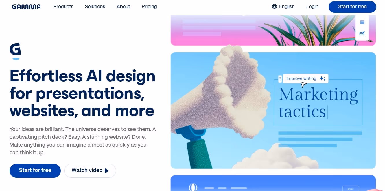 gamma ai text to presentation homepage with call to action button and video tutorial