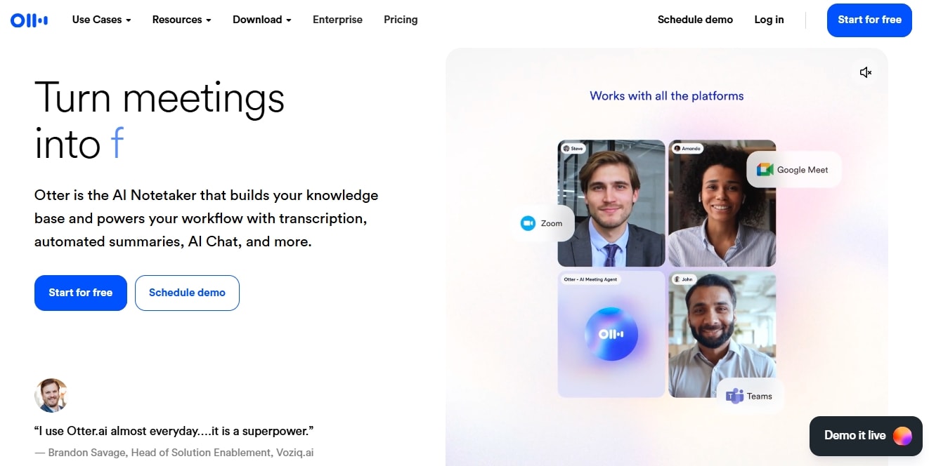 otter ai meeting homepage highlighting the note taking capabilities and sign up options