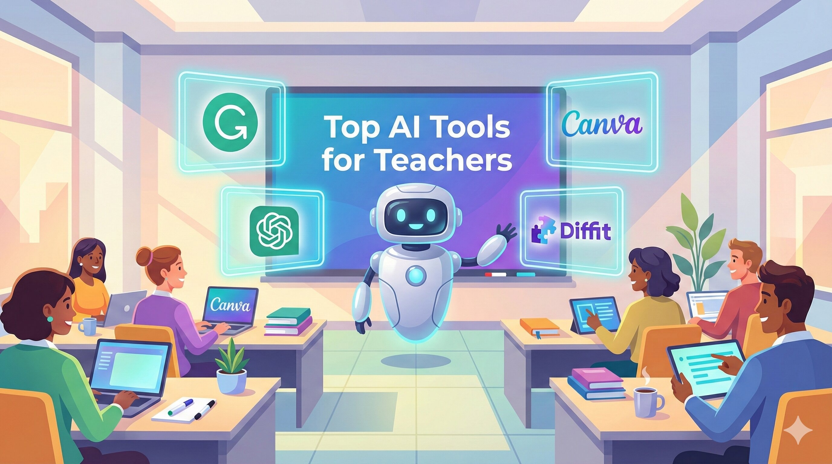 teachers sitting in a classroom and learning about top ai tools for teachers
