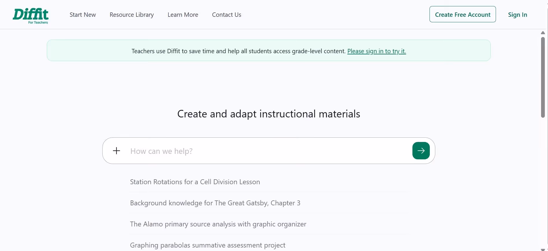 diffit for teachers homepage interface
