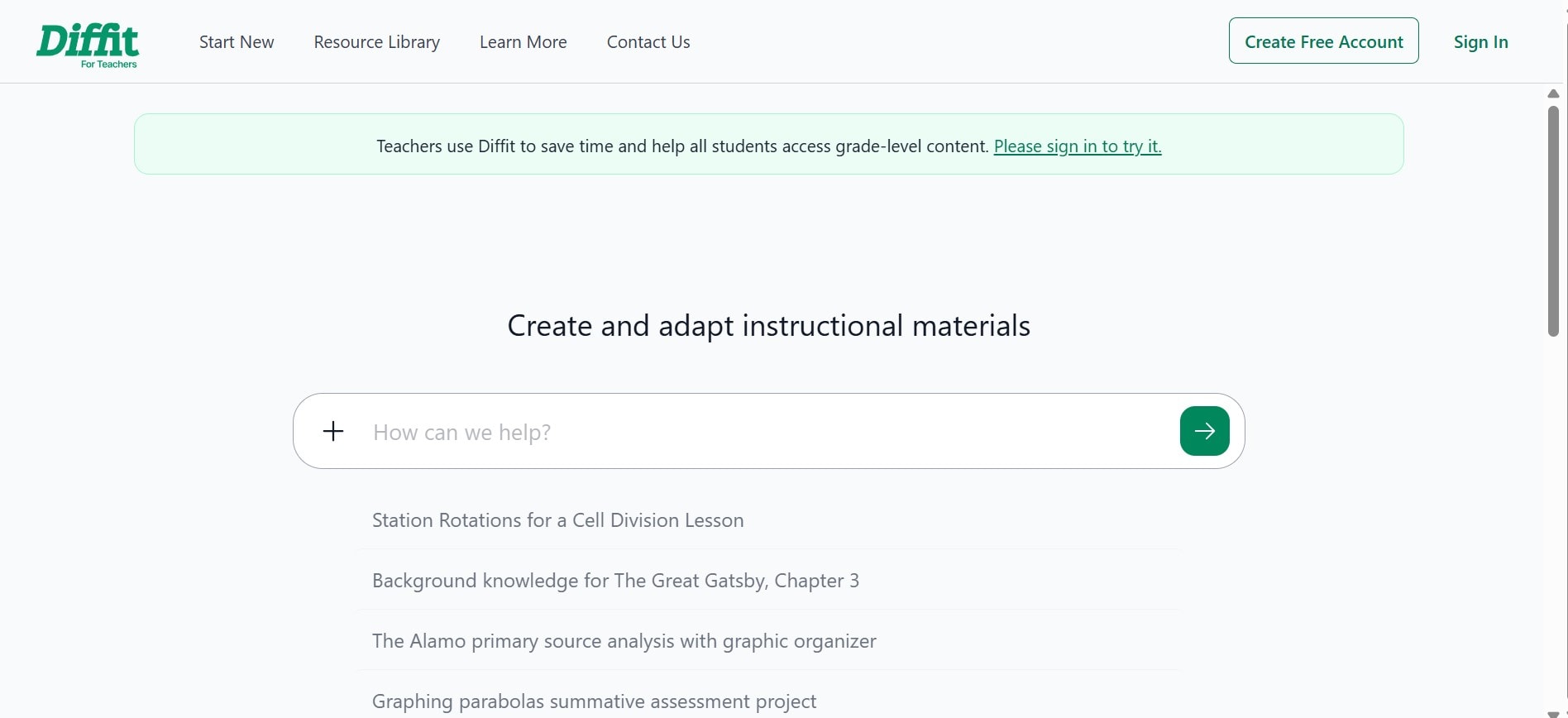 diffit for teachers homepage interface