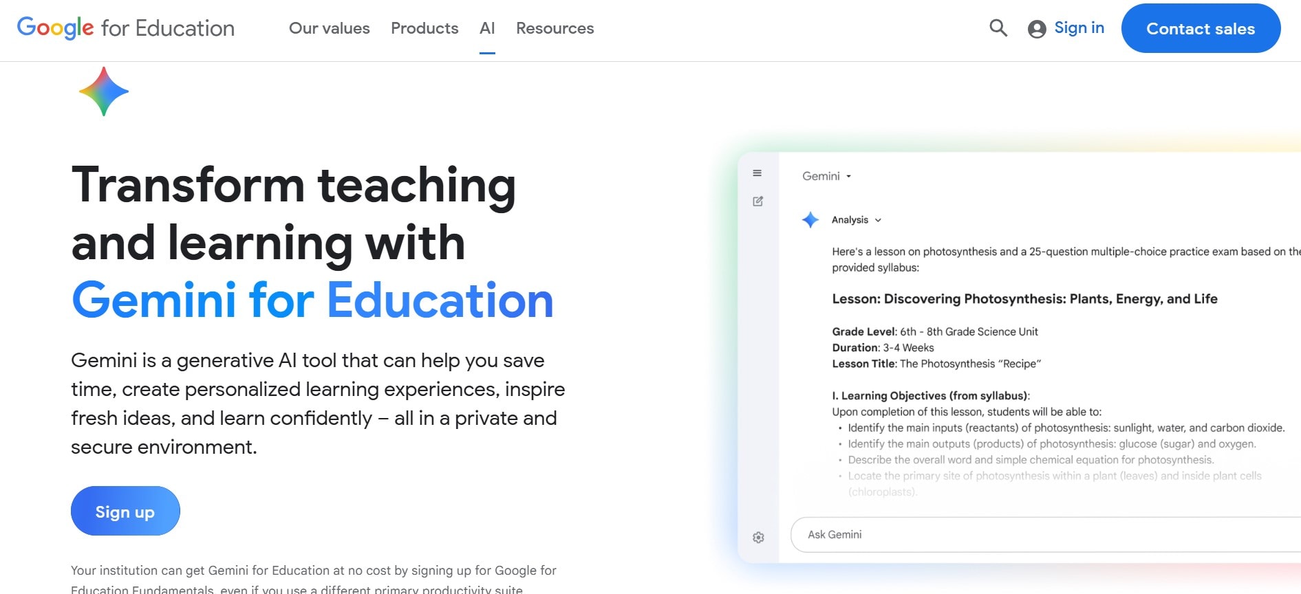 google gemini for education homepage