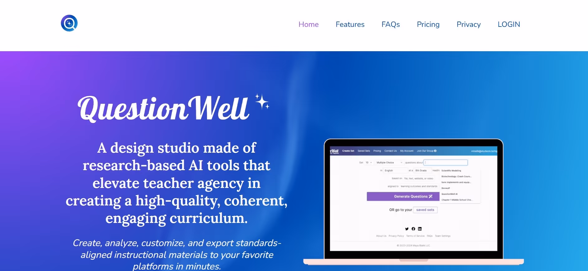 questionwell homepage interface