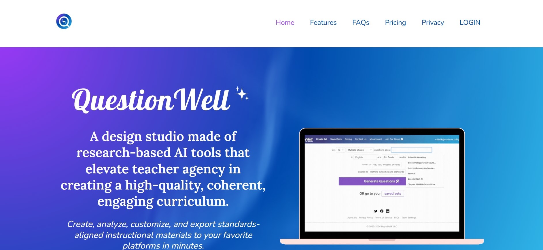 questionwell homepage interface