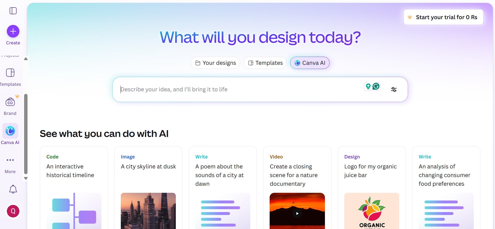 canva ai homepage interface