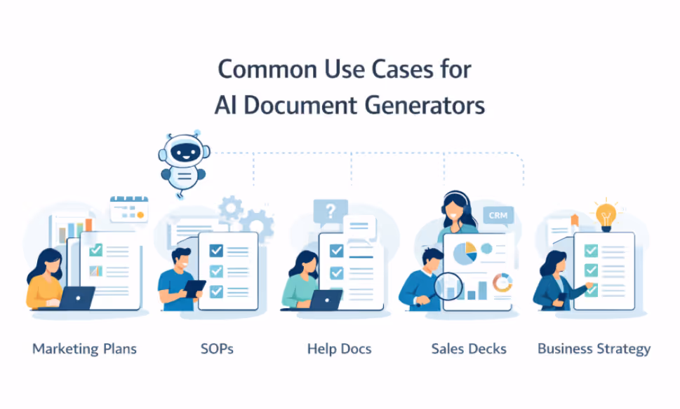 ai document generator use cases for marketing plans, sops, help docs, sales decks, and business strategy.