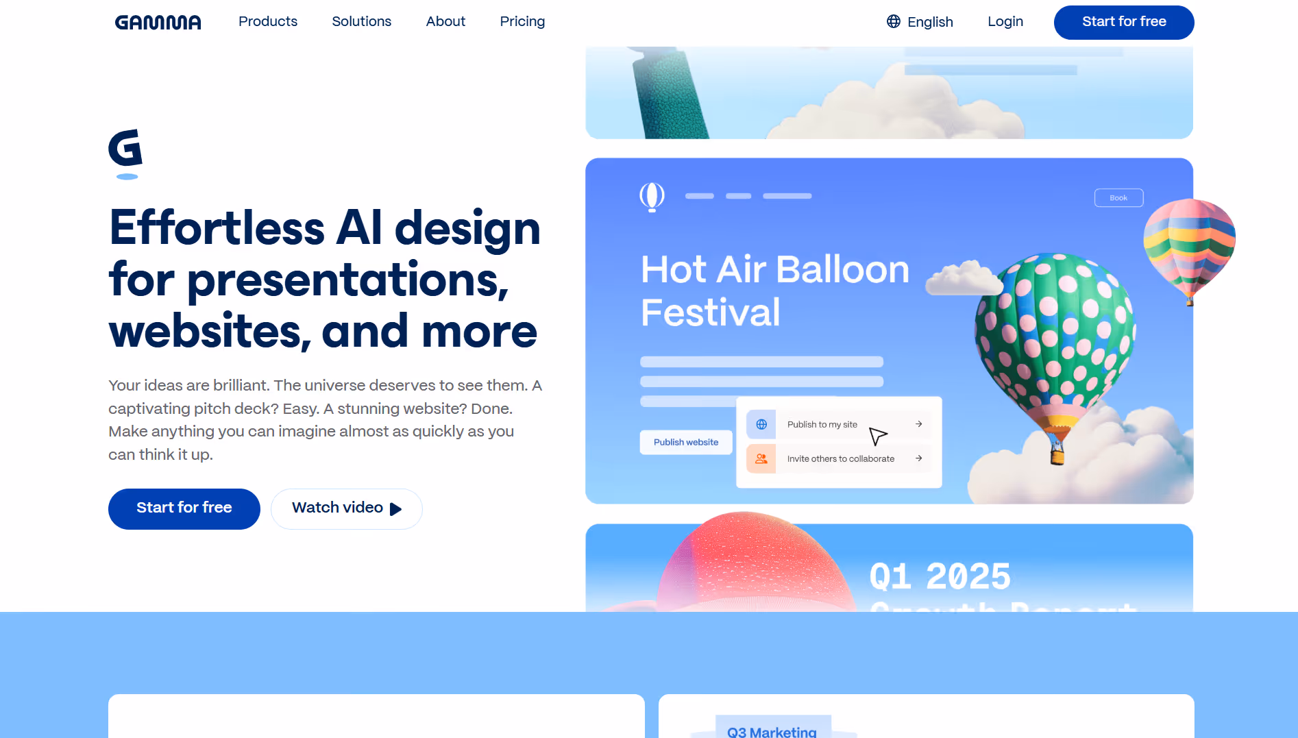 gamma homepage showing ai design tool for creating presentations, websites, and visual documents.