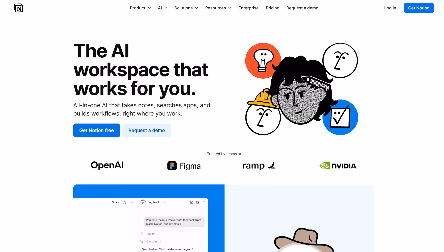 notion homepage showing ai workspace that takes notes, searches apps, and builds workflows in one interface.