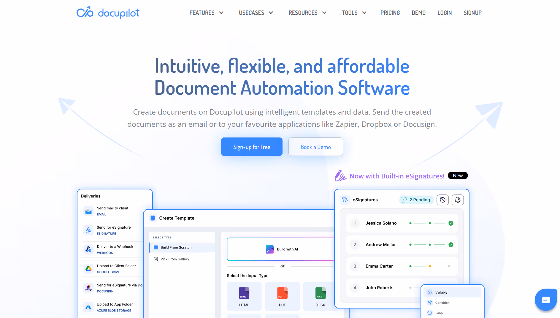 Docupilot homepage showing document automation software with templates, AI document creation, and built-in eSignature workflow.