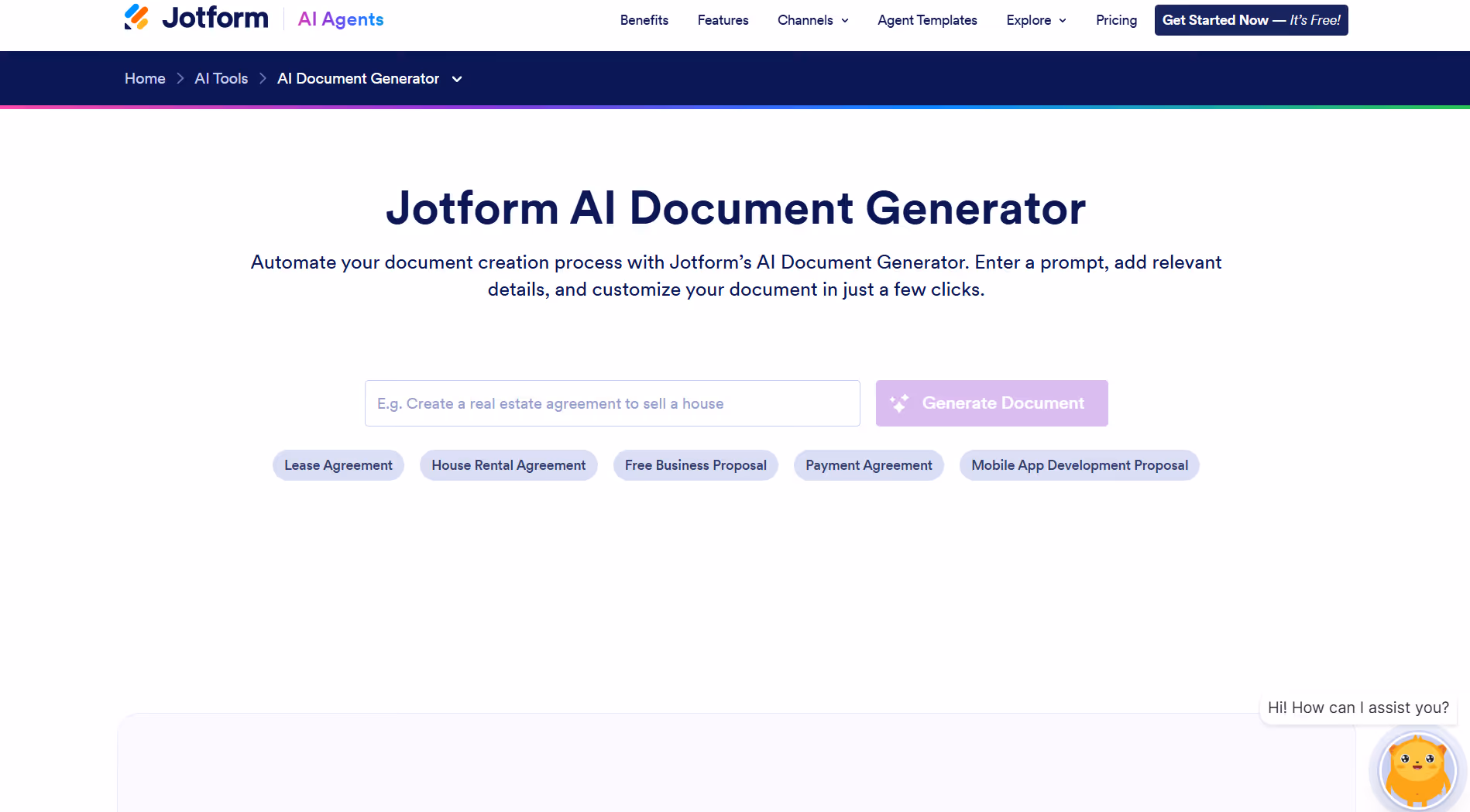 Jotform ai document generator interface with prompt field and quick templates for agreements and proposals.