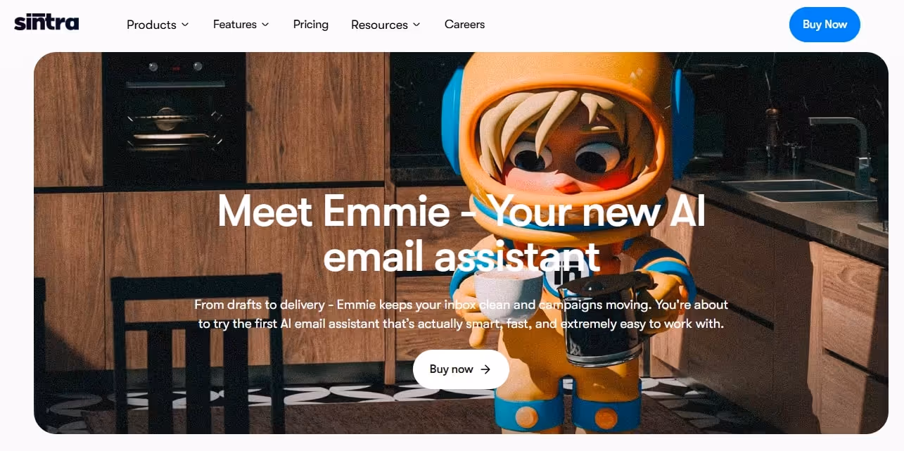 homepage of sintra ai email writer showing navigation menu and call to action