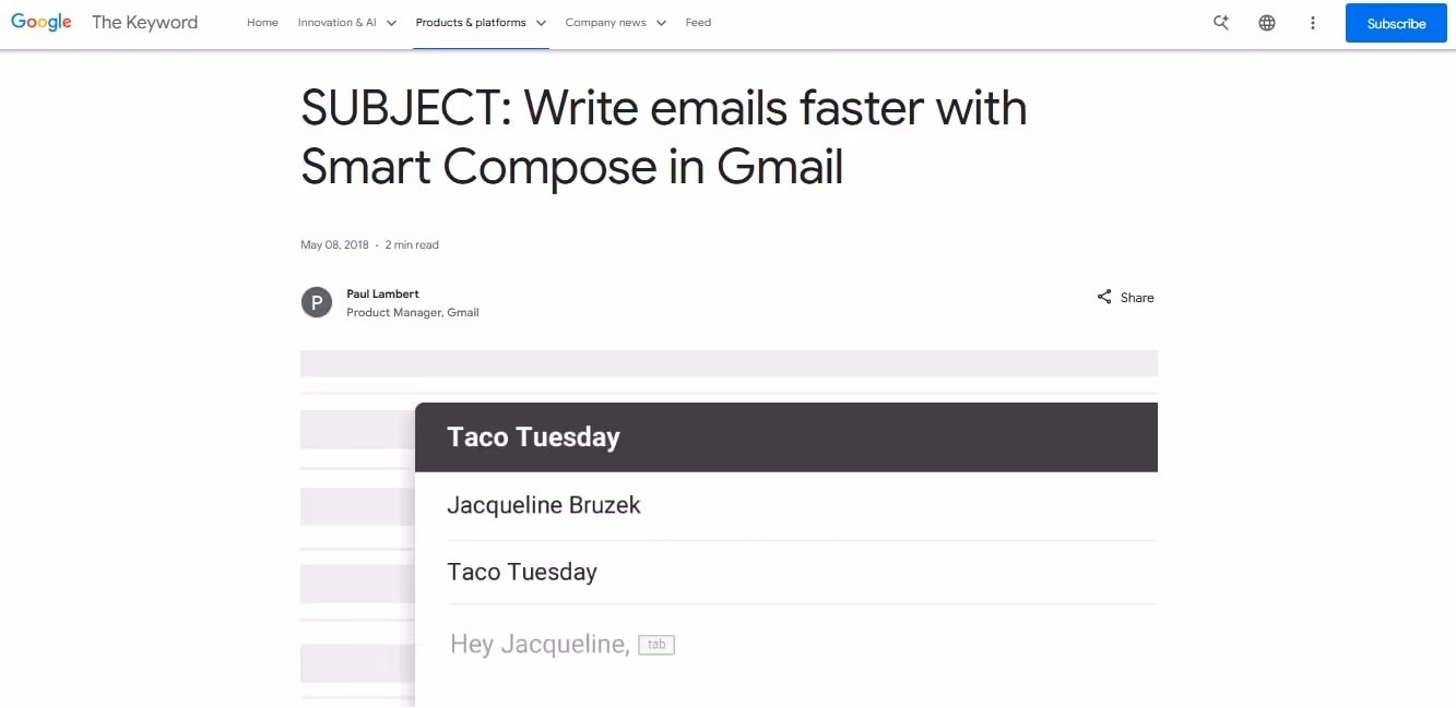 gmail smart compose showing auto complete suggestions and subscription menu