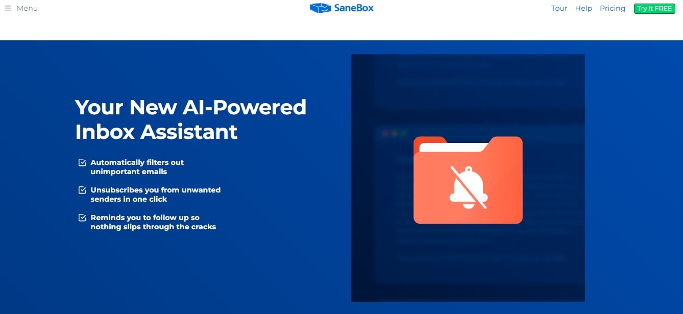 screenshot of sanebox highlighting ai powered inbox management and pricing menu