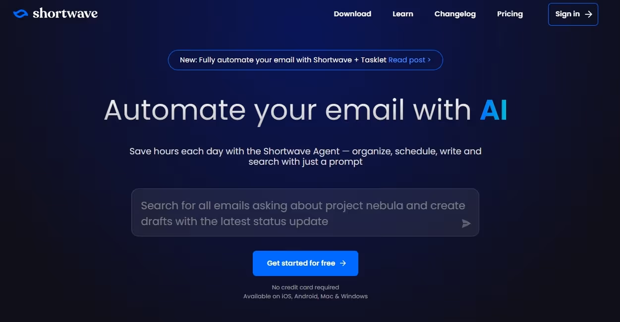 shortwave homepage showing a get started button and navigation menu