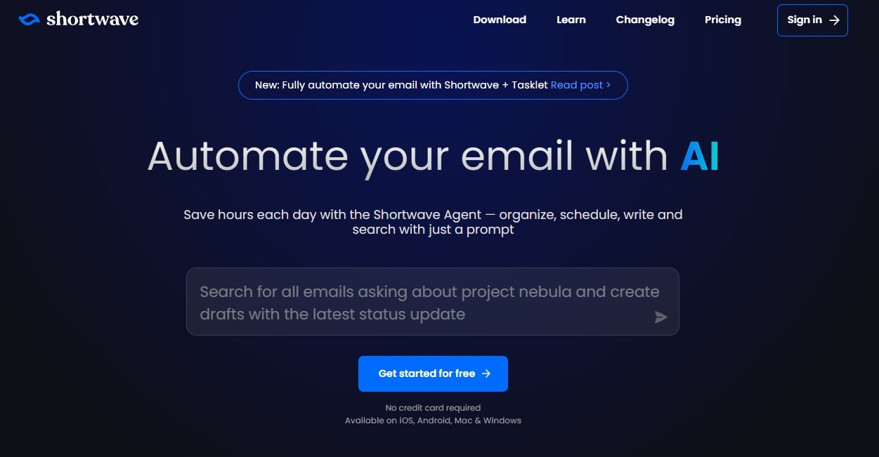 shortwave homepage showing a get started button and navigation menu