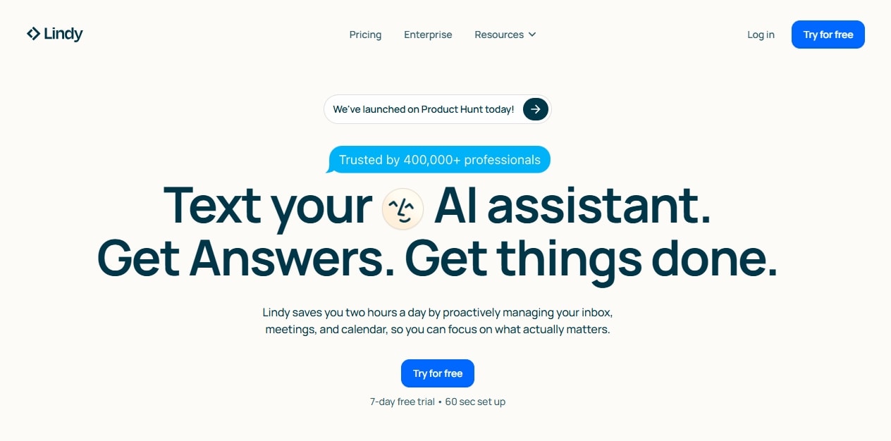 lindy ai homepae highlighting automated productivity features and navigation menu