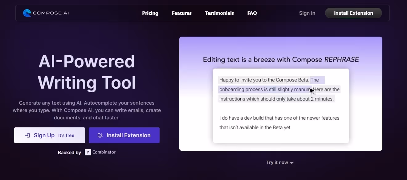 compose ai landing page showing the content generation interface and install extension button