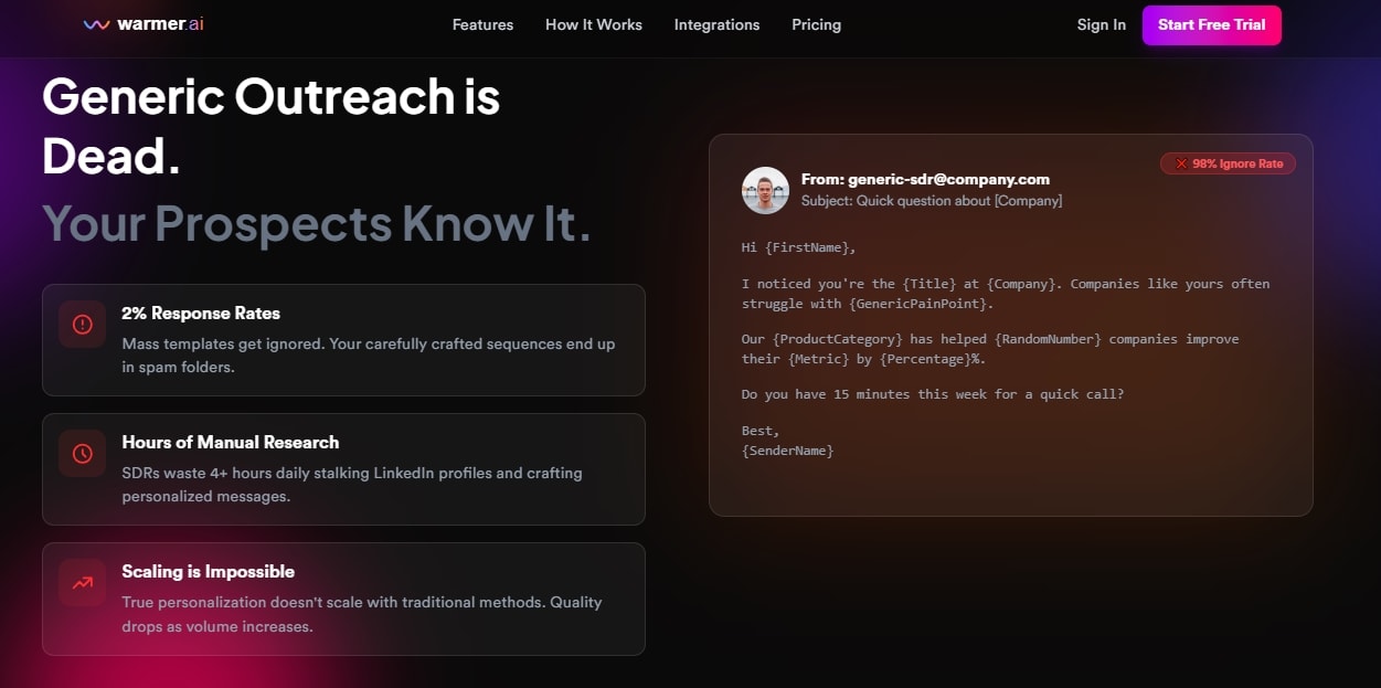 warmer ai interface illustration showing benefits of personalized outreach and an email draft