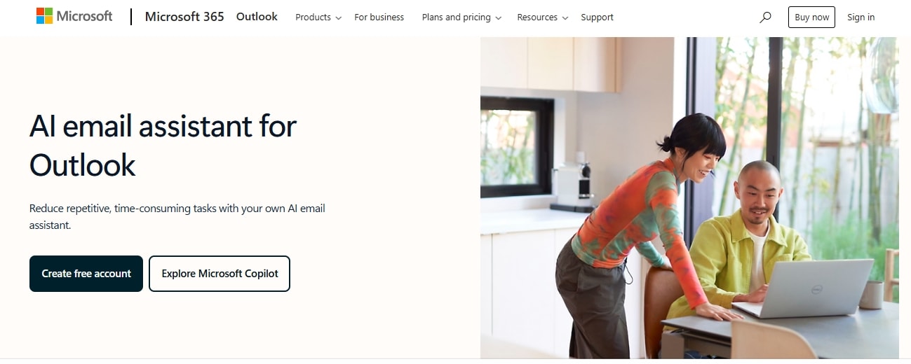 copilot ai email assistant for outlook with navigation menu and sign up button