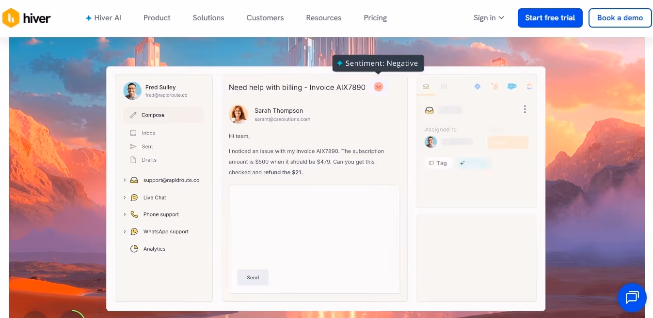 hiver ai dashboard with live chat phone support analytics and gmail drafting capabilities